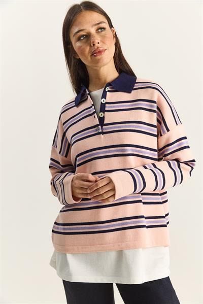 Polo Yaka Çizgili Basic Triko Kazak 20258061 - Pembe