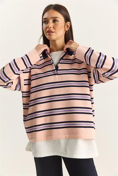 Polo Yaka Çizgili Basic Triko Kazak 20258061 - Pembe