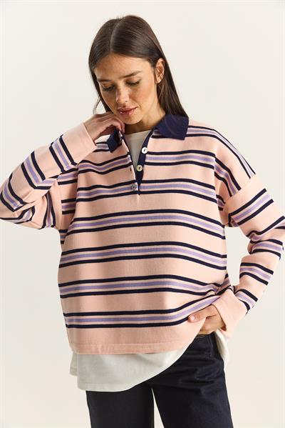 Polo Yaka Çizgili Basic Triko Kazak 20258061 - Pembe