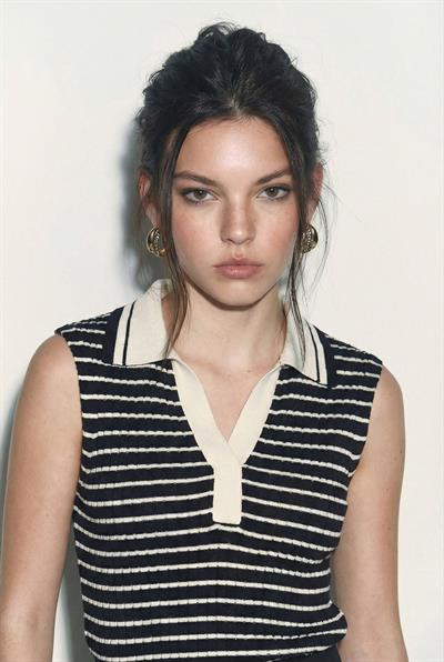 Kadın Polo Yaka Çizgili Fitilli Kalın Askılı Yazlık Triko Bluz 20258014 - Siyah-Krem