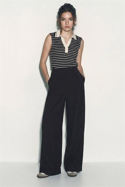 Kadın Polo Yaka Çizgili Fitilli Kalın Askılı Yazlık Triko Bluz 20258014 - Siyah-Krem