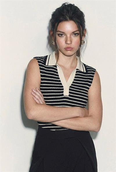 Kadın Polo Yaka Çizgili Fitilli Kalın Askılı Yazlık Triko Bluz 20258014 - Siyah-Krem