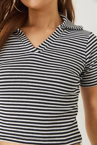 Kadın Polo Yaka Çizgili Kaşkorse Crop Basic T-Shirt 60284011 - Siyah-Beyaz