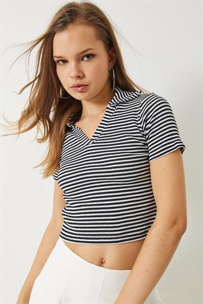 Kadın Polo Yaka Çizgili Kaşkorse Crop Basic T-Shirt 60284011 - Siyah-Beyaz