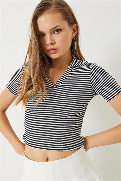 Kadın Polo Yaka Çizgili Kaşkorse Crop Basic T-Shirt 60284011 - Siyah-Beyaz