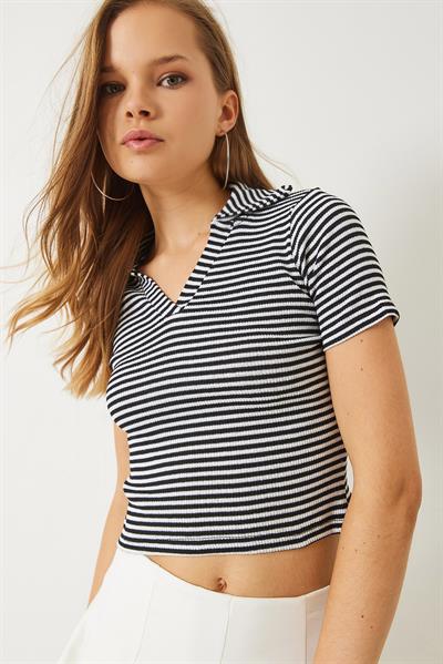 Kadın Polo Yaka Çizgili Kaşkorse Crop Basic T-Shirt 60284011 - Siyah-Beyaz