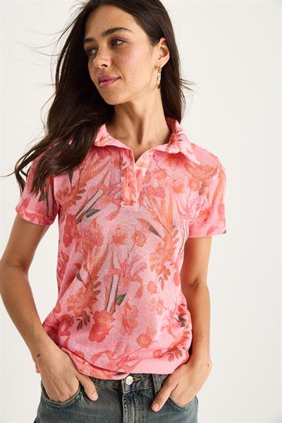 Kadın Polo Yaka Desenli Dijital Baskılı Regular Yazlık Örme Bluz 60282016 - Pembe