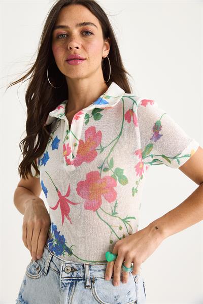Kadın Polo Yaka Desenli Dijital Baskılı Regular Yazlık Örme Bluz 60282016 - Beyaz-Pembe