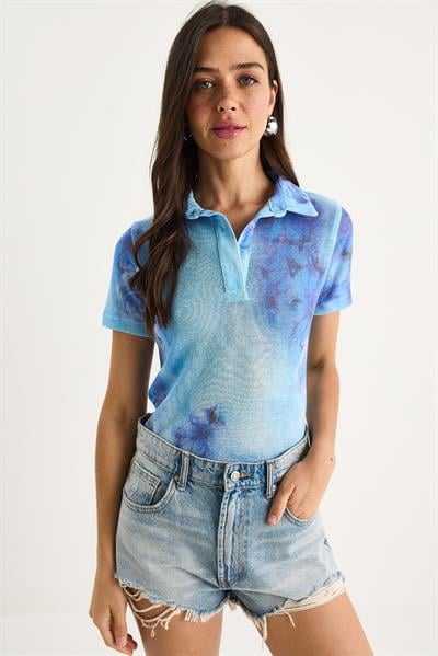 Kadın Polo Yaka Desenli Dijital Baskılı Regular Yazlık Örme Bluz 60282016 - Gök Mavisi