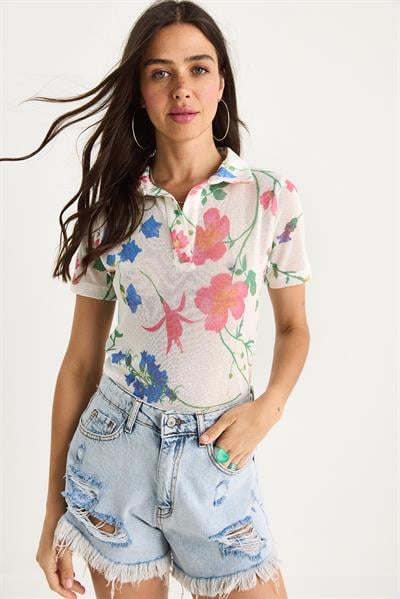 Kadın Polo Yaka Desenli Dijital Baskılı Regular Yazlık Örme Bluz 60282016 - Beyaz-Pembe