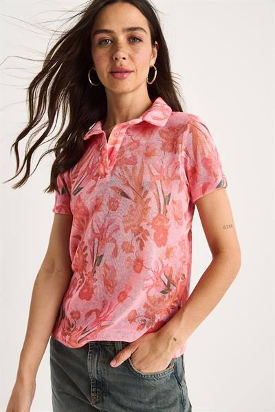 Kadın Polo Yaka Desenli Dijital Baskılı Regular Yazlık Örme Bluz 60282016 - Pembe