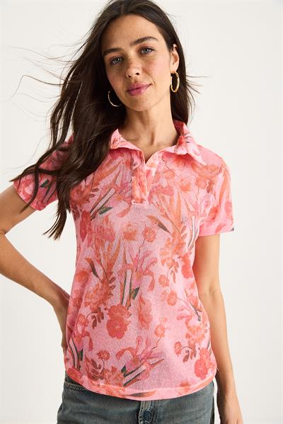 Kadın Polo Yaka Desenli Dijital Baskılı Regular Yazlık Örme Bluz 60282016 - Pembe