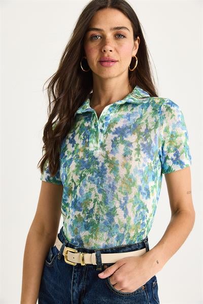 Kadın Polo Yaka Desenli Dijital Baskılı Regular Yazlık Örme Bluz 60282016 - Mavi-Yeşil