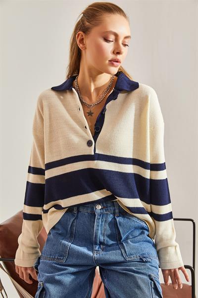 Kadın Polo Yaka Düğmeli Triko Kazak 20234223 - Krem-Lacivert