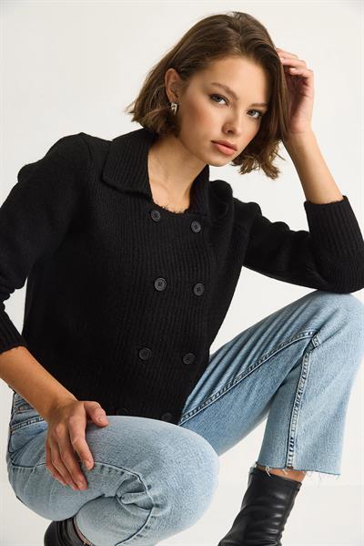 Polo Yaka Düğmeli Yumuşak Hırka 255252  60284080 - Siyah