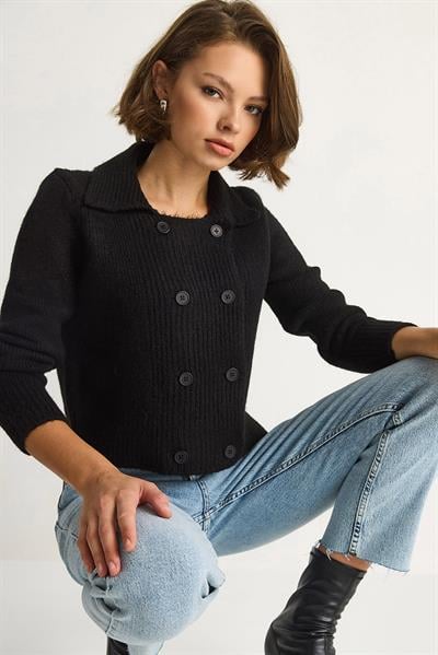 Polo Yaka Düğmeli Yumuşak Hırka 255252  60284080 - Siyah