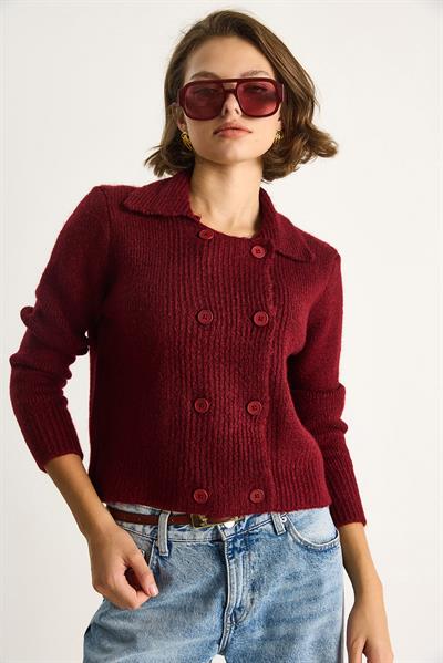 Polo Yaka Düğmeli Yumuşak Hırka 255252  60284080 - Bordo