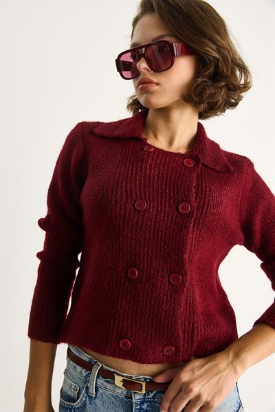 Polo Yaka Düğmeli Yumuşak Hırka 255252  60284080 - Bordo