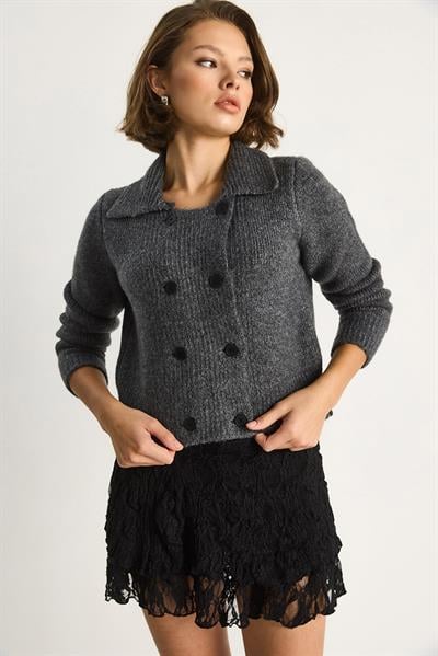 Polo Yaka Düğmeli Yumuşak Hırka 255252  60284080 - Antrasit