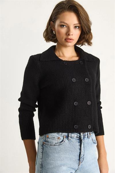 Polo Yaka Düğmeli Yumuşak Hırka 255252  60284080 - Siyah