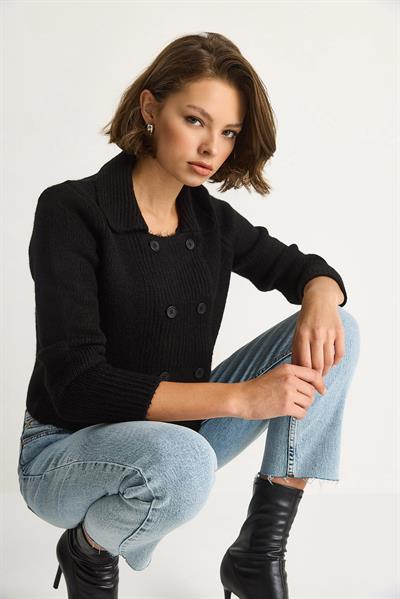 Polo Yaka Düğmeli Yumuşak Hırka 255252  60284080 - Siyah