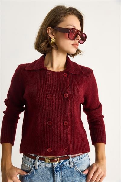 Polo Yaka Düğmeli Yumuşak Hırka 255252  60284080 - Bordo