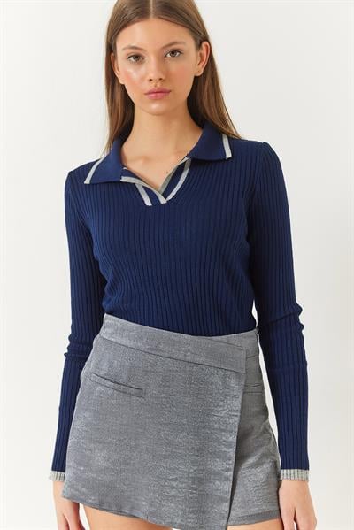 Kadın Polo Yaka Fitilli Şerit Detaylı Mevsimlik Uzun Kollu Triko Bluz 60261446 - Lacivert-Gri