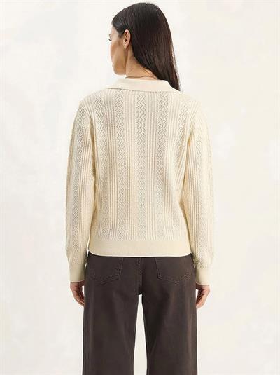 Kadın Polo Yaka Patlı Regular Fit Triko Kazak 20258063 - Krem