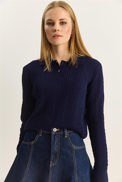 Kadın Polo Yaka Patlı Regular Fit Triko Kazak 20258063 - Lacivert