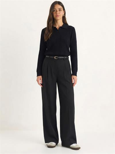 Kadın Polo Yaka Patlı Regular Fit Triko Kazak 20258063 - Siyah