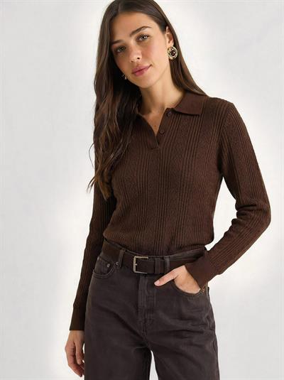 Kadın Polo Yaka Patlı Regular Fit Triko Kazak 20258063 - Kahverengi