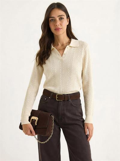 Kadın Polo Yaka Patlı Regular Fit Triko Kazak 20258063 - Krem