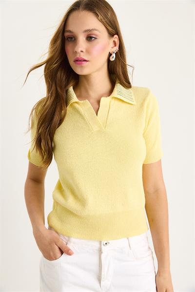 Kadın Polo Yaka Taş Detaylı Yazlık Triko Bluz 20246856 - Sarı