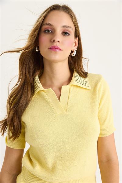 Kadın Polo Yaka Taş Detaylı Yazlık Triko Bluz 20246856 - Sarı