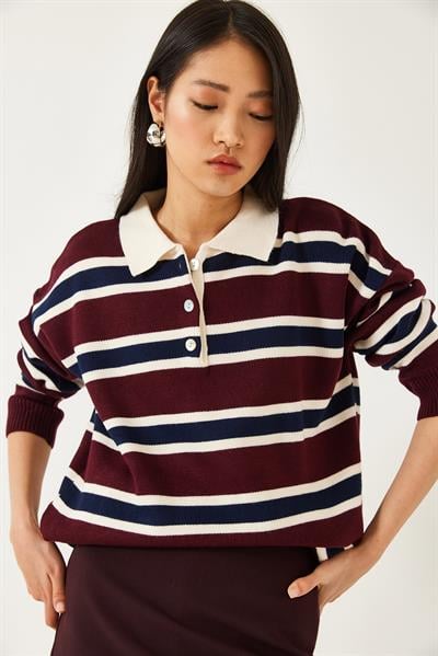 Kadın Polo Yaka Triko Kazak 241184 60261215 - Bordo-Krem