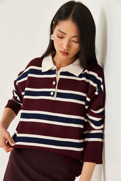 Kadın Polo Yaka Triko Kazak 241184 60261215 - Bordo-Krem