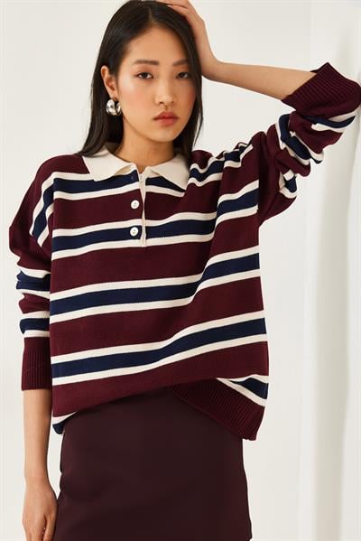 Kadın Polo Yaka Triko Kazak 241184 60261215 - Bordo-Krem