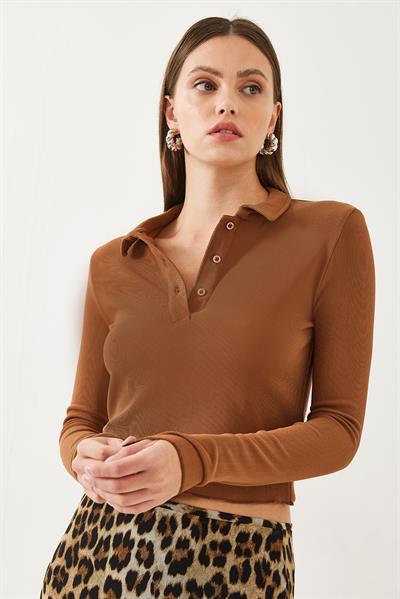 Kadın Polo Yaka Yarım Düğmeli Fitilli Crop Bluz 60351020 - Kahverengi
