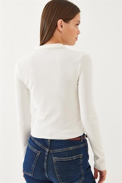 Kadın Polo Yaka Yarım Düğmeli Fitilli Crop Bluz 60351020 - Beyaz