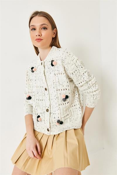 Ponponlu Desenli Triko Hırka 20246270 - Ekru