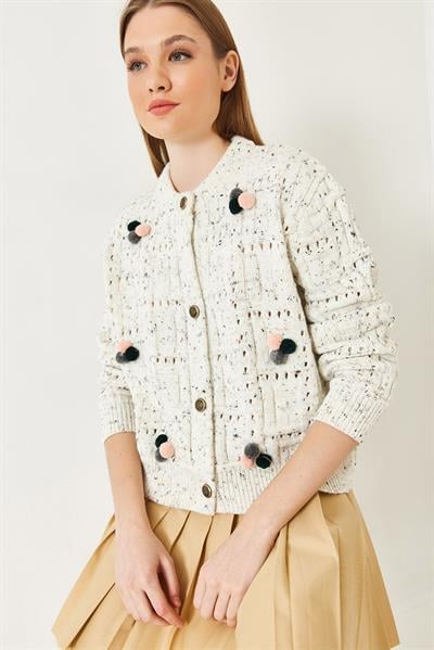 Ponponlu Desenli Triko Hırka 20246270 - Ekru