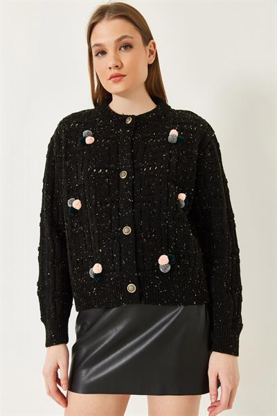 Ponponlu Desenli Triko Hırka 20246270 - Siyah