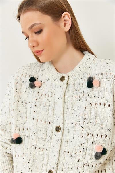 Ponponlu Desenli Triko Hırka 20246270 - Ekru