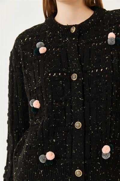 Ponponlu Desenli Triko Hırka 20246270 - Siyah