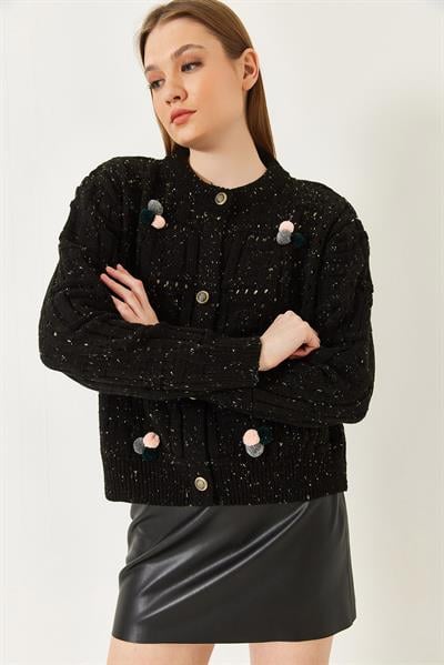 Ponponlu Desenli Triko Hırka 20246270 - Siyah