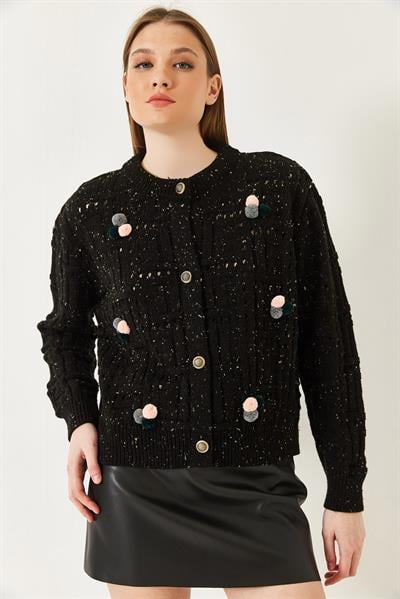 Ponponlu Desenli Triko Hırka 20246270 - Siyah