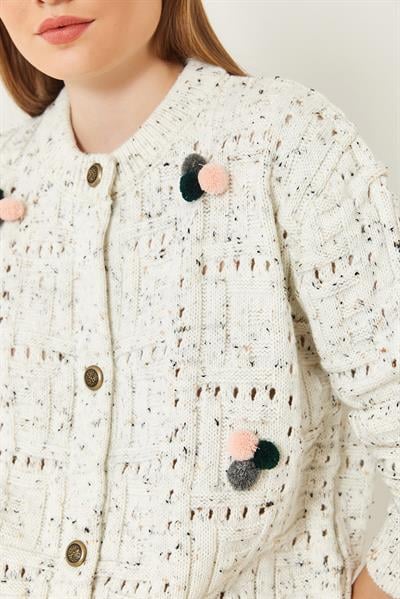 Ponponlu Desenli Triko Hırka 20246270 - Ekru