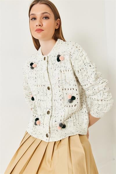 Ponponlu Desenli Triko Hırka 20246270 - Ekru