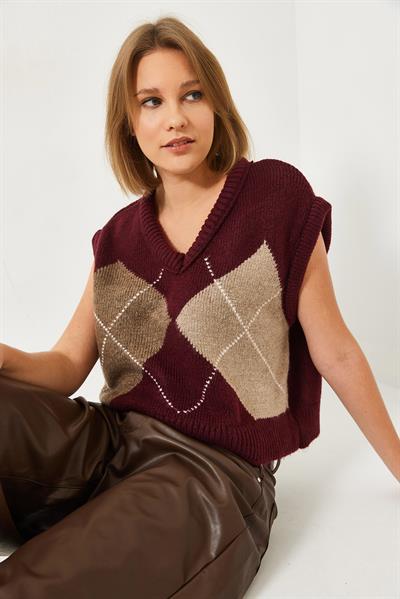 Kadın Premium Baklava Desenli Oversize Triko Süveter TS241003 60261172 - Bordo
