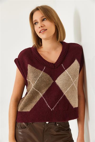 Kadın Premium Baklava Desenli Oversize Triko Süveter TS241003 60261172 - Bordo
